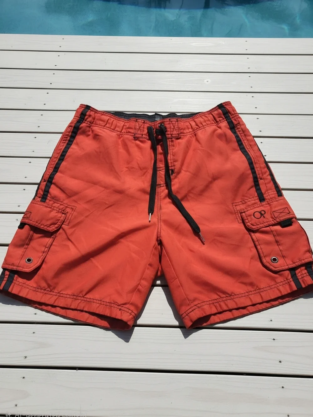 Red Men’s Cargo Swim Shorts with Black Trim